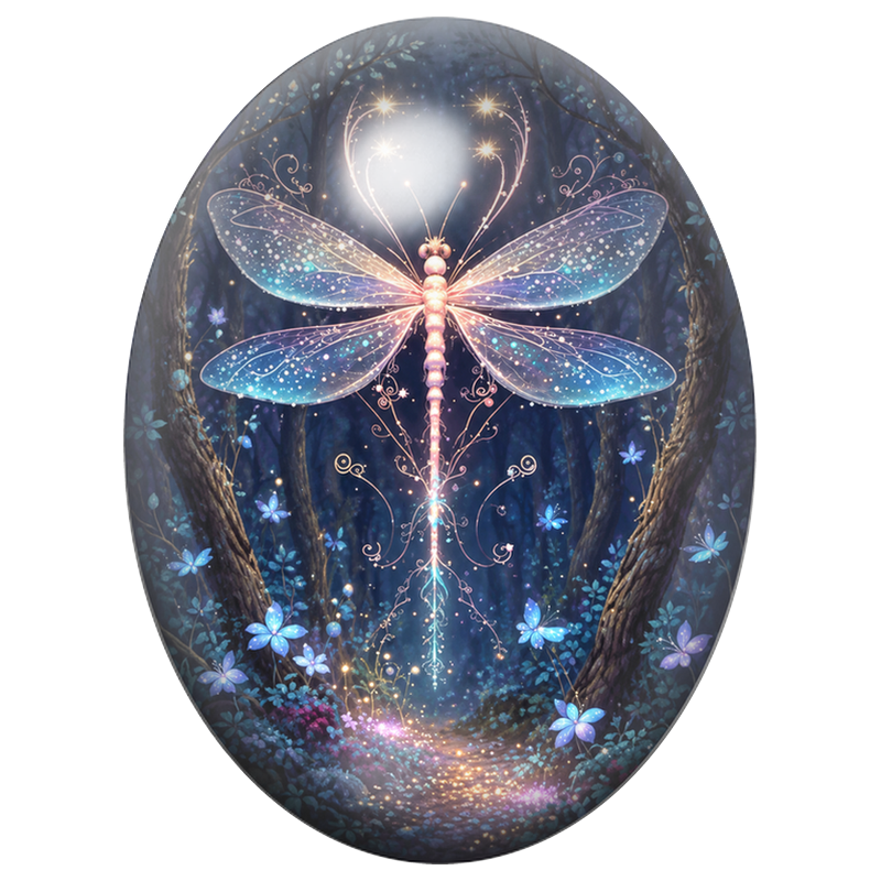 Cabochon en Verre Illustré Libellule de Lumière dans la Forêt 13x18, 18x25 ou 30x40mm