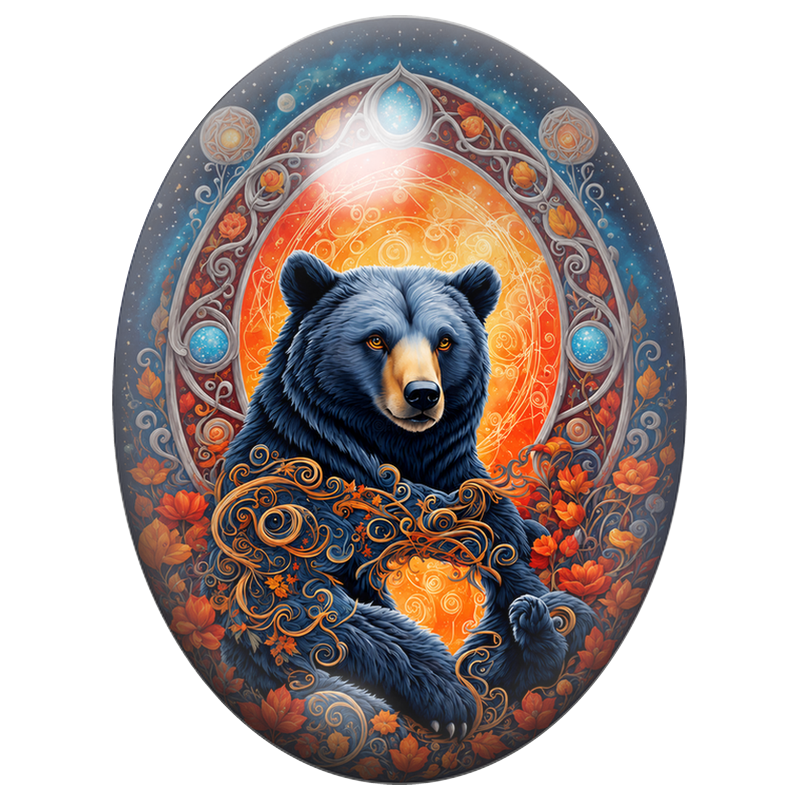 Cabochon en Verre Illustré Ours Noir sous un Soleil Orange 13x18, 18x25 ou 30x40mm