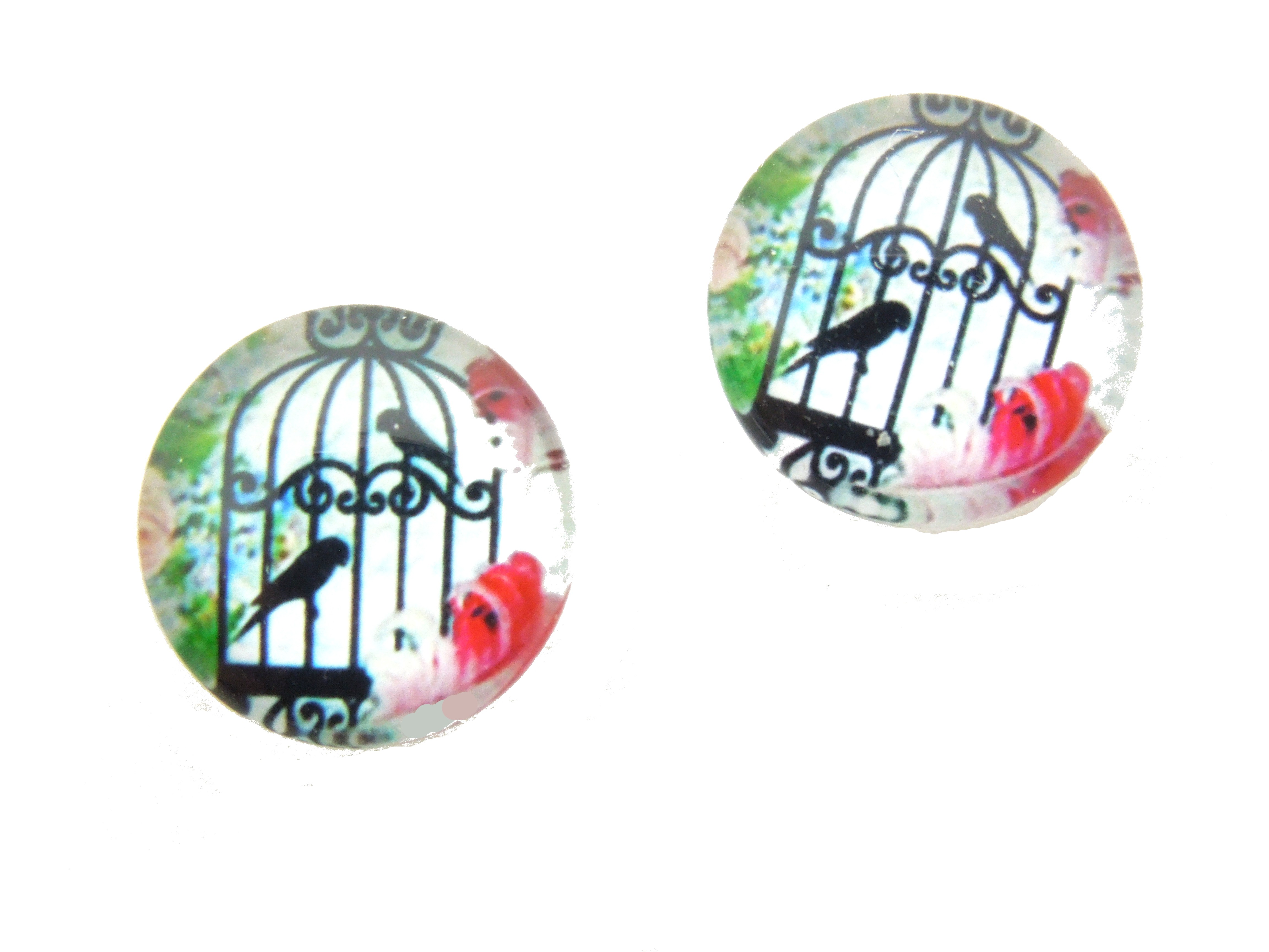 2 Cabochons en Verre Illustrés Cage Oiseaux 12mm