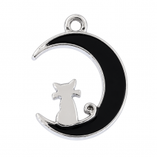 2 Breloques Chat Lune Émail Noir Métal Argenté 20x16mm pour la Création de Bijoux Fantaisie - DIY