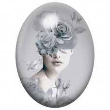 Cabochon en Verre Illustré Femme aux Roses Gris Perle 13x18, 18x25 ou 30x40mm pour la Création de Bijoux Fantaisie - DIY