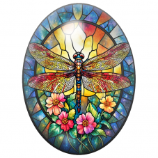 Cabochon en Verre Illustré Libellule Vitrail aux Fleurs Colorées 13x18, 18x25 ou 30x40mm pour la Création de Bijoux Fantaisie - 
