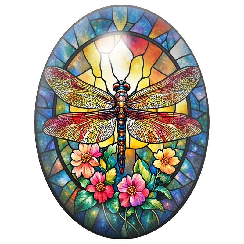 Cabochon en Verre Illustré Libellule Vitrail aux Fleurs Colorées 13x18, 18x25 ou 30x40mm