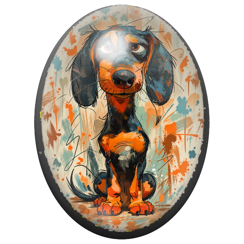 Cabochon en Verre Illustré Teckel Boudeur aux Éclaboussures Orange 13x18, 18x25 ou 30x40mm
