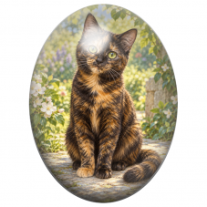 Cabochon en Verre Illustré Chat Écaille de Tortue au Jardin 13x18, 18x25 ou 30x40mm pour la Création de Bijoux Fantaisie - DIY