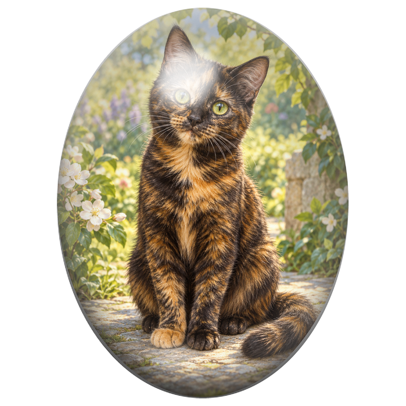 Cabochon en Verre Illustré Chat Écaille de Tortue au Jardin 13x18, 18x25 ou 30x40mm
