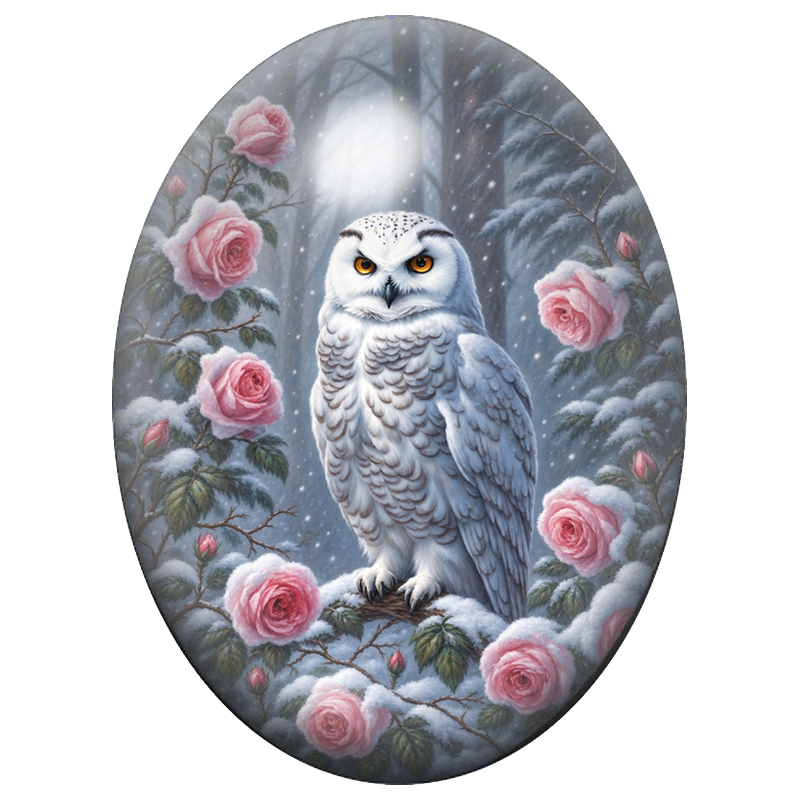 Cabochon en Verre Illustré Harfang des Neiges parmi les Roses Givrées 13x18, 18x25 ou 30x40mm