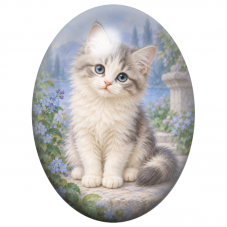Cabochon en Verre Illustré Chaton Gris et Blanc aux Fleurs Bleues 13x18, 18x25 ou 30x40mm pour la Création de Bijoux Fantaisie -