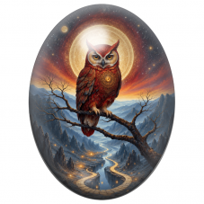 Cabochon en Verre Illustré Hibou Rouge sous la Lune Dorée 13x18, 18x25 ou 30x40mm pour la Création de Bijoux Fantaisie - DIY