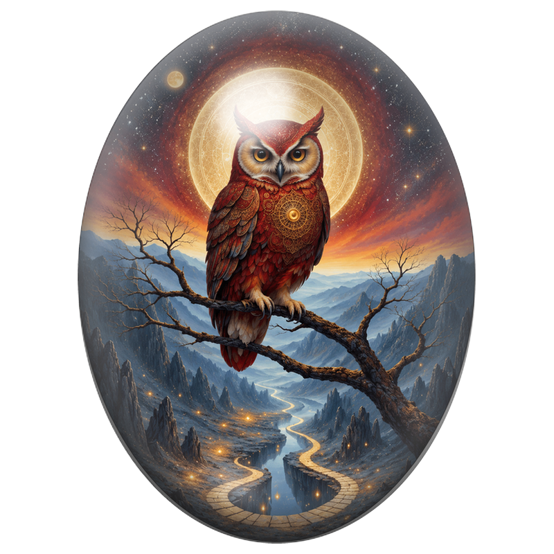Cabochon en Verre Illustré Hibou Rouge sous la Lune Dorée 13x18, 18x25 ou 30x40mm