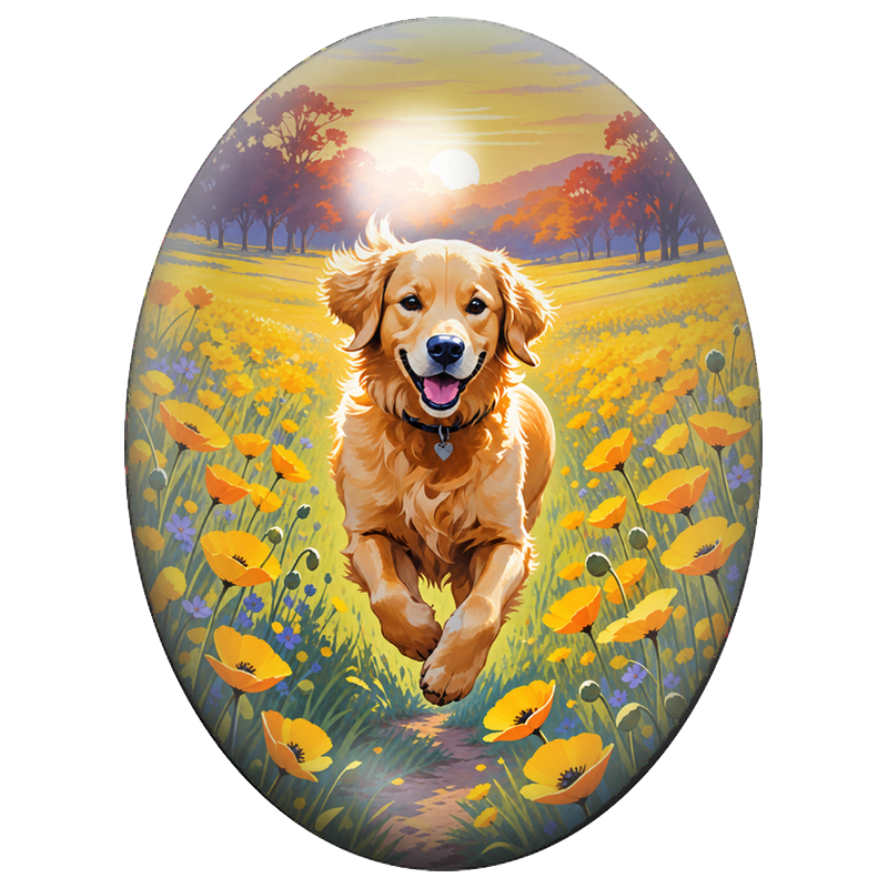 Cabochon en Verre Illustré Golden Retriever dans un Champ de Coquelicots 13x18, 18x25 ou 30x40mm