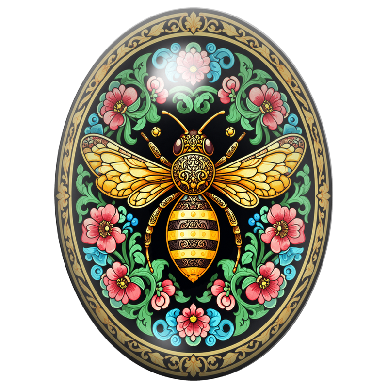 Cabochon en Verre Illustré Abeille Ornementale aux Fleurs Roses 13x18, 18x25 ou 30x40mm