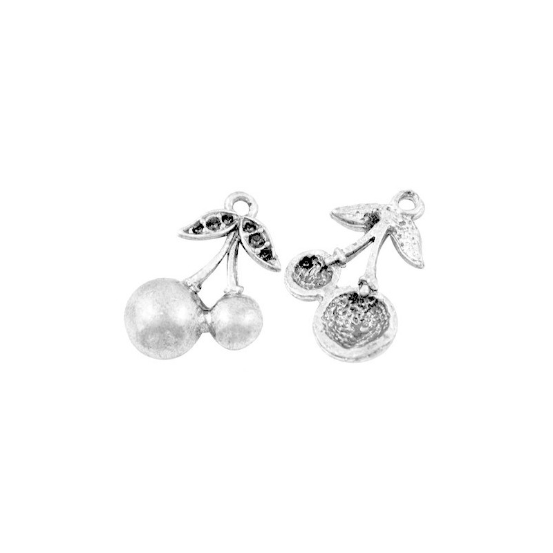 4 Breloques Cerise Argentée à Strasser 22.5x15mm