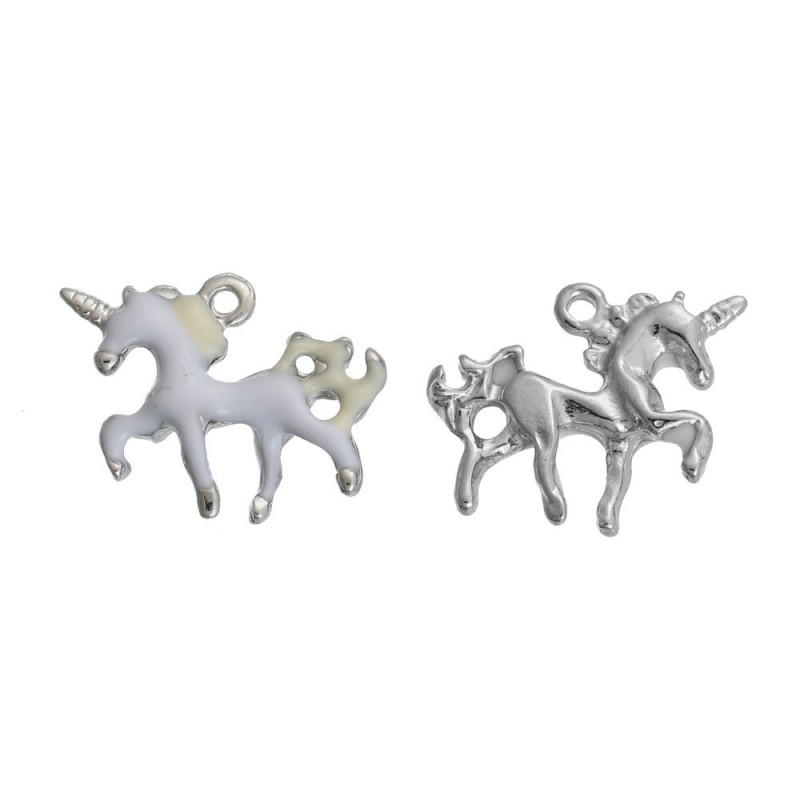 2 Breloques Licorne Email Argenté Blanc 20x16mm