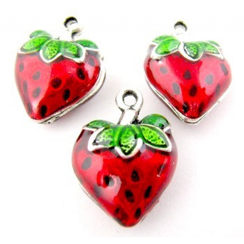 2 Breloques Fruit Fraise Emaillée en 3D 20x14mm