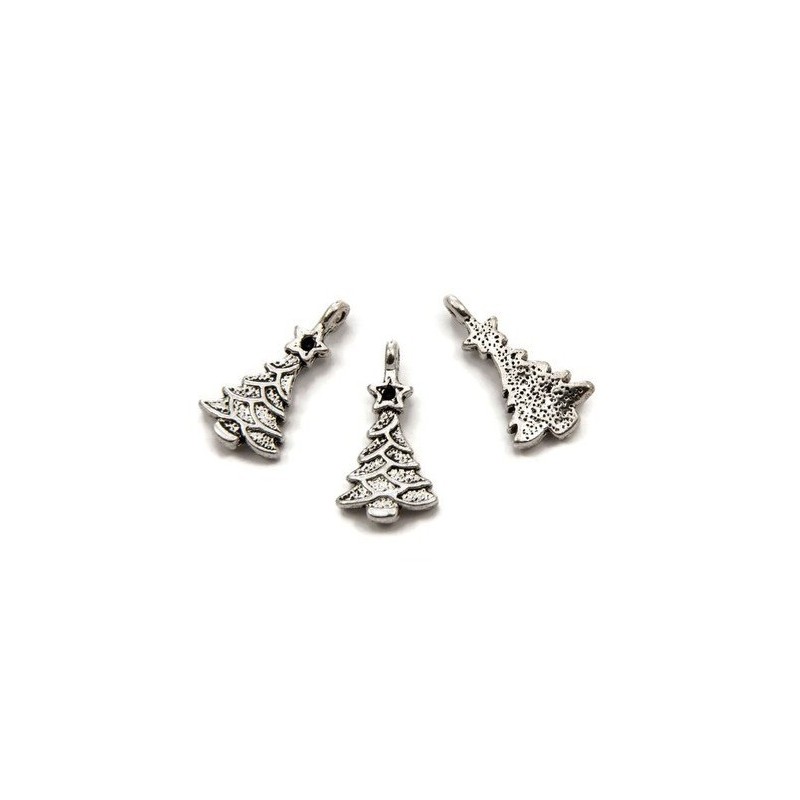 6 Breloques Sapin de Noël Argenté à Strasser 11x20mm