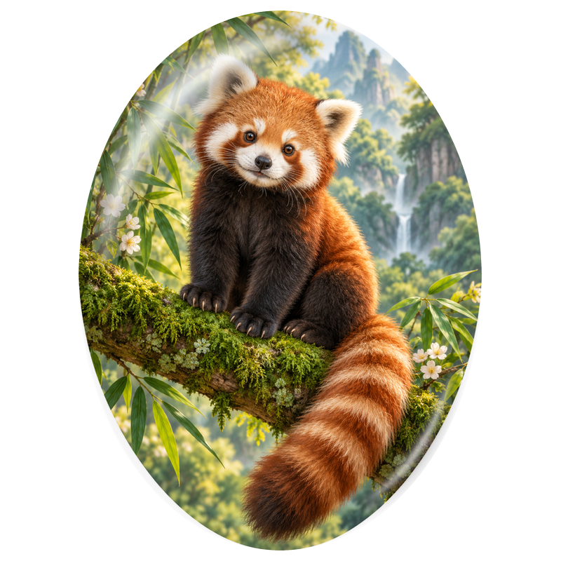 Cabochon en Verre Illustré Panda Roux Assis sur une Branche 13x18, 18x25 ou 30x40mm
