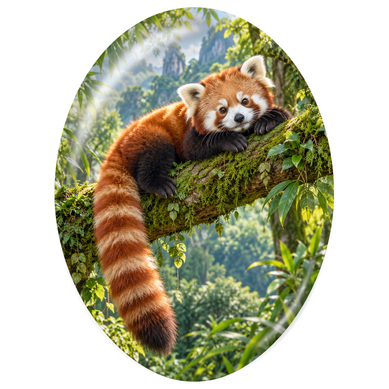 Cabochon en Verre Illustré Panda Roux Allongé sur une Branche 13x18, 18x25 ou 30x40mm