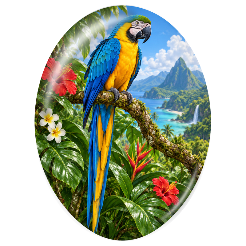 Cabochon en Verre Illustré Ara Bleu et Jaune sur une Branche 13x18, 18x25 ou 30x40mm