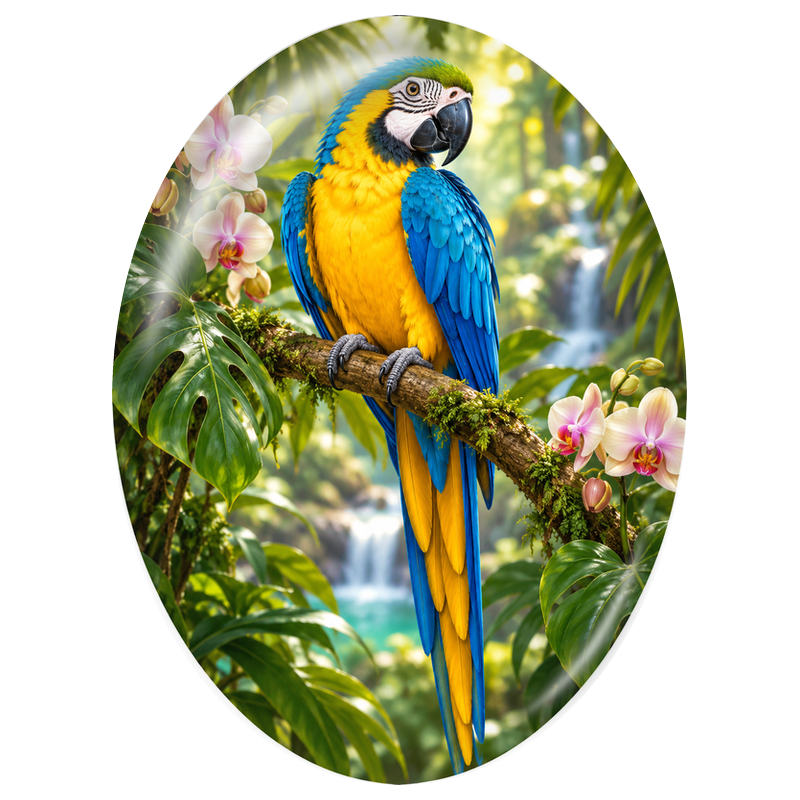 Cabochon en Verre Illustré Ara Bleu et Jaune parmi les Orchidées 13x18, 18x25 ou 30x40mm