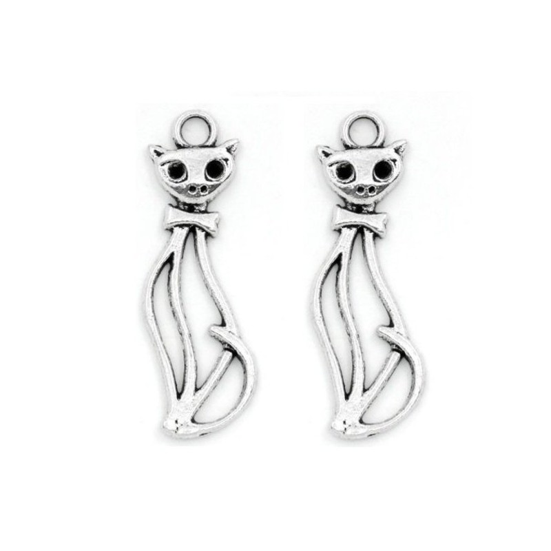 4 Breloques Chat Argenté à Strasser 34x11mm