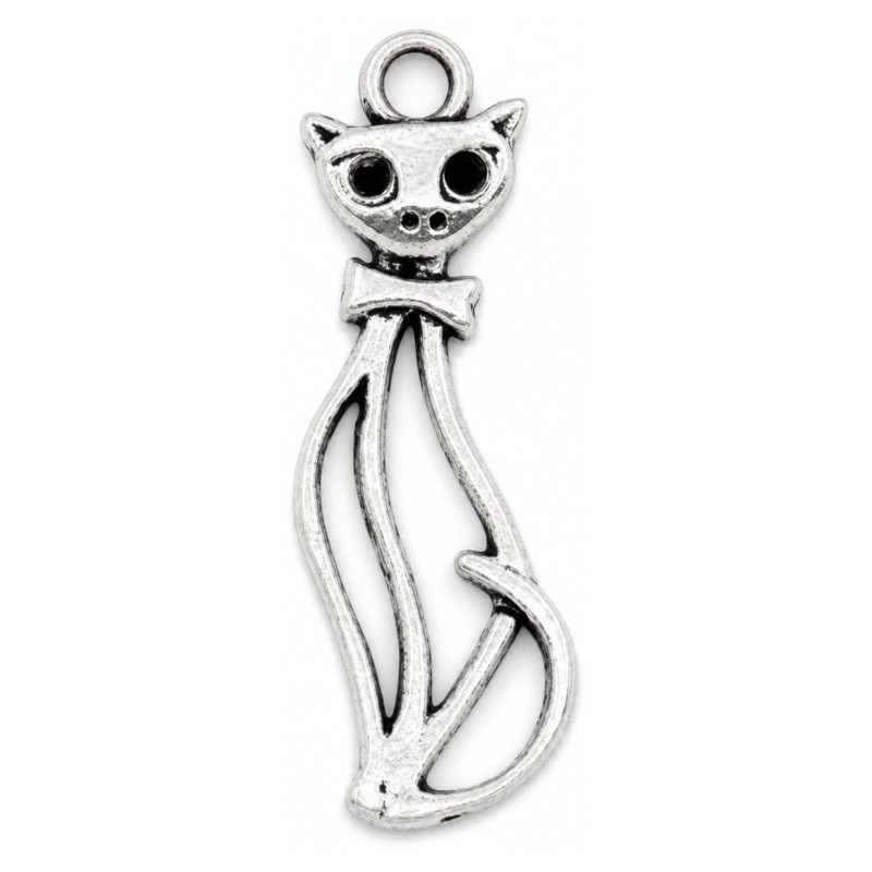 4 Breloques Chat Argenté à Strasser 34x11mm