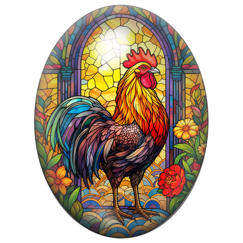 Cabochon en Verre Illustré Coq Vitrail aux Couleurs Flamboyantes 13x18, 18x25 ou 30x40mm