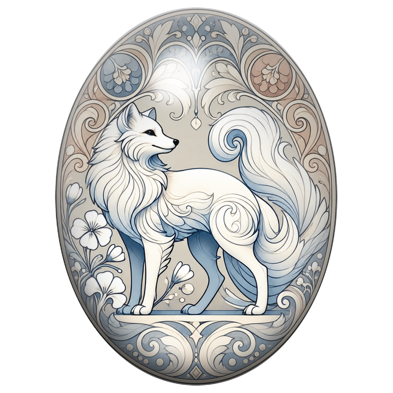 Cabochon en Verre Illustré Renard Blanc aux Ornements Pastel 13x18, 18x25 ou 30x40mm