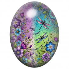 Cabochon en Verre Illustré Libellules dans un Jardin Violet et Turquoise 13x18, 18x25 ou 30x40mm pour la Création de Bijoux Fant