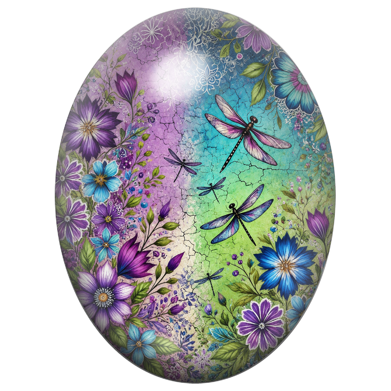 Cabochon en Verre Illustré Libellules dans un Jardin Violet et Turquoise 13x18, 18x25 ou 30x40mm