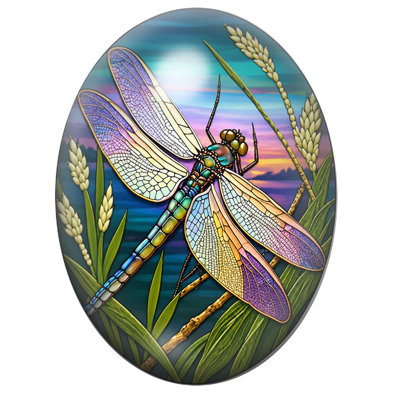 Cabochon en Verre Illustré Libellule Vitrail parmi les Épis de Blé 13x18, 18x25 ou 30x40mm