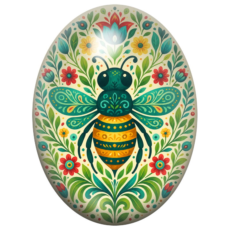 Cabochon en Verre Illustré Abeille Folk aux Fleurs Multicolores 13x18, 18x25 ou 30x40mm