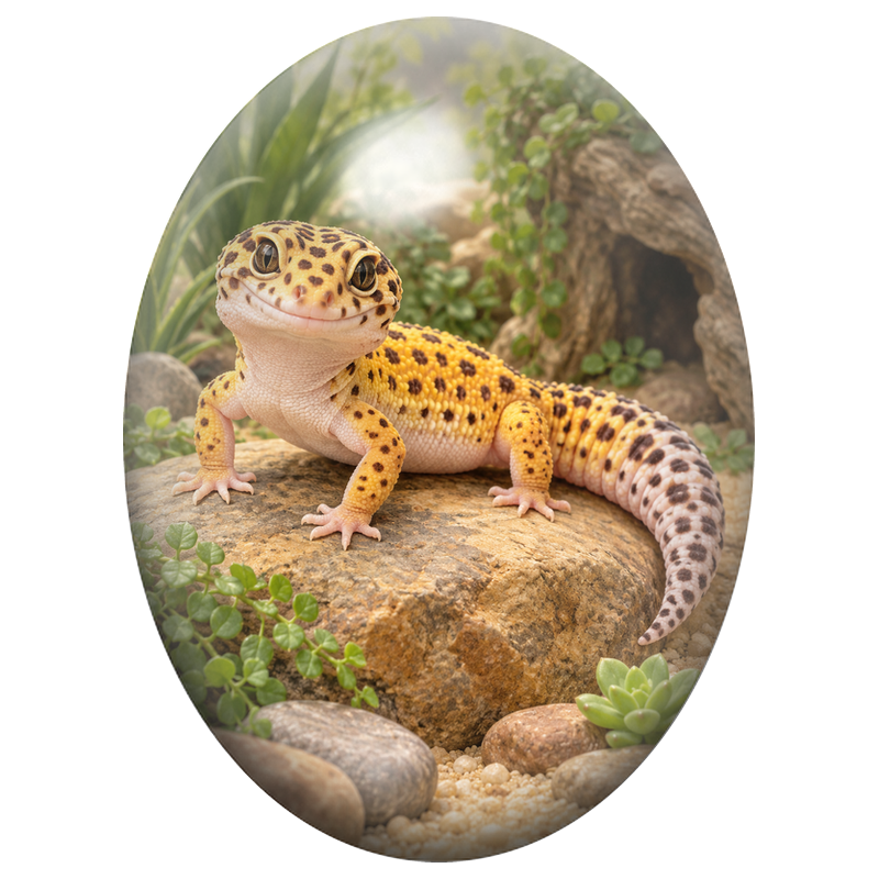 Cabochon en Verre Illustré Gecko Léopard sur un Rocher 13x18, 18x25 ou 30x40mm