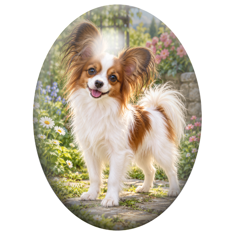 Cabochon en Verre Illustré Chien Papillon dans un Jardin Fleuri 13x18, 18x25 ou 30x40mm