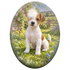 Cabochon en Verre Illustré Chiot Jack Russell dans les Fleurs 13x18, 18x25 ou 30x40mm pour la Création de Bijoux Fantaisie - DIY