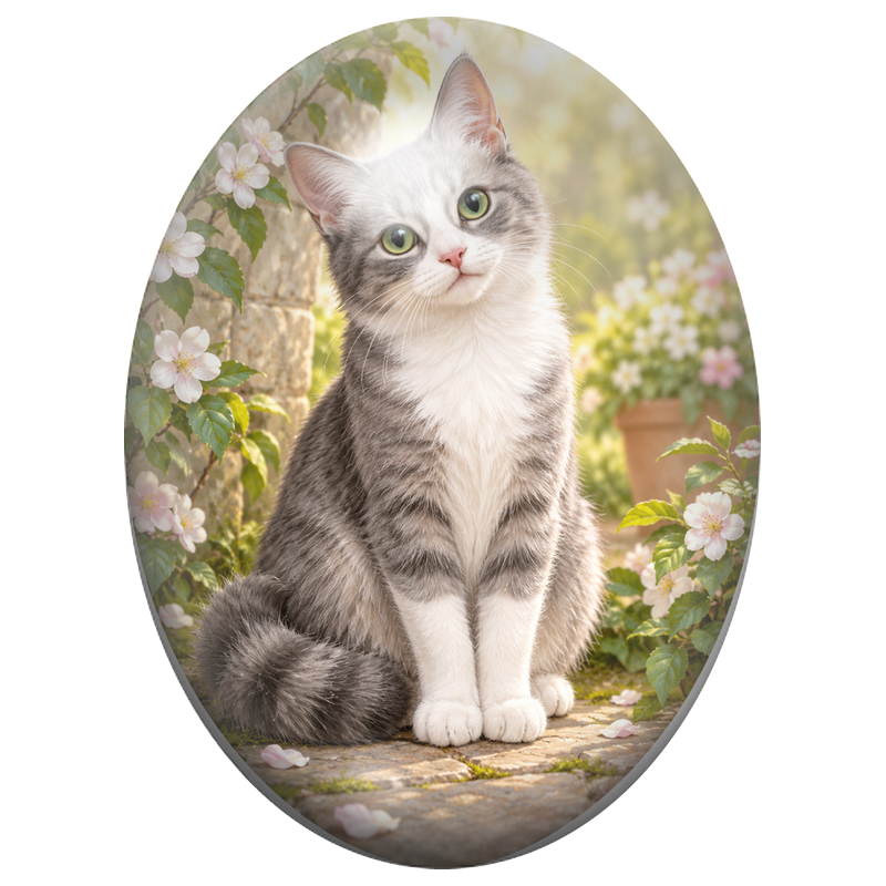 Cabochon en Verre Illustré Chat Gris et Blanc sous les Fleurs de Pommier 13x18, 18x25 ou 30x40mm