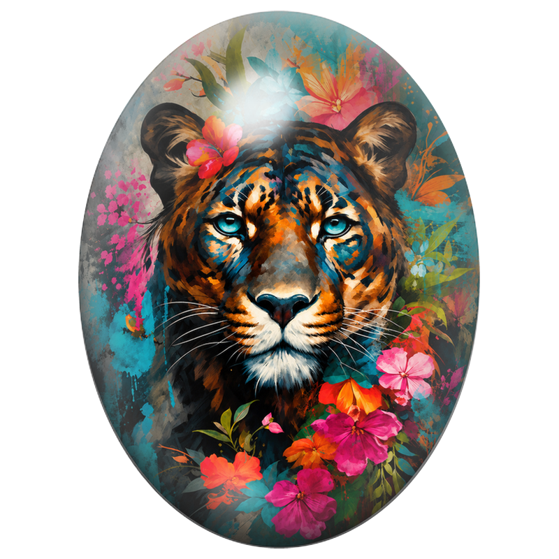 Cabochon en Verre Illustré Tigre Aquarelle aux Fleurs Tropicales 13x18, 18x25 ou 30x40mm