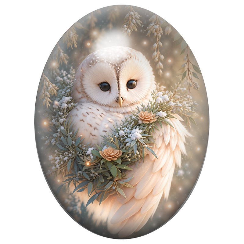 Cabochon en Verre Illustré Chouette Blanche au Bouquet d’Hiver 13x18, 18x25 ou 30x40mm