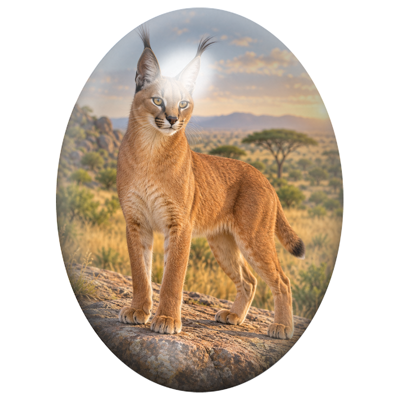 Cabochon en Verre Illustré Caracal dans la Savane Dorée 13x18, 18x25 ou 30x40mm