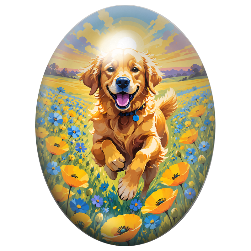 Cabochon en Verre Illustré Golden Retriever Courant dans les Fleurs 13x18, 18x25 ou 30x40mm