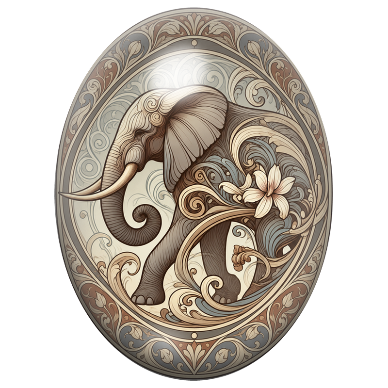 Cabochon en Verre Illustré Éléphant aux Arabesques Ivoire et Taupe 13x18, 18x25 ou 30x40mm