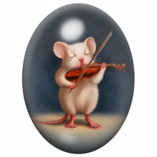 Cabochon en Verre Illustré Souris Violoniste sur Fond Bleu Nuit 13x18, 18x25 ou 30x40mm pour la Création de Bijoux Fantaisie - D