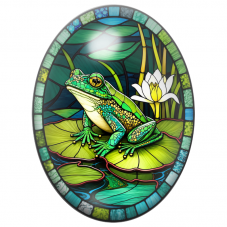 Cabochon en Verre Illustré Grenouille Vitrail sur un Nénuphar 13x18, 18x25 ou 30x40mm pour la Création de Bijoux Fantaisie - DIY