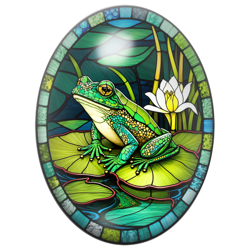 Cabochon en Verre Illustré Grenouille Vitrail sur un Nénuphar 13x18, 18x25 ou 30x40mm