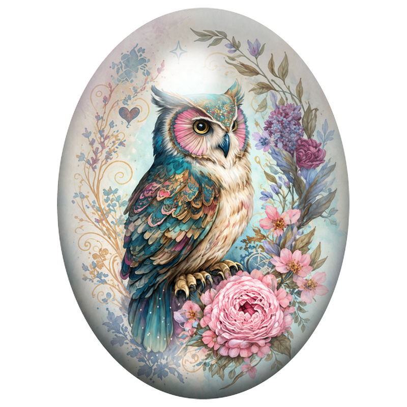 Cabochon en Verre Illustré Hibou Bohème aux Fleurs Pastel 13x18, 18x25 ou 30x40mm