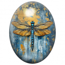 Cabochon en Verre Illustré Libellule Bleue et Or sur Fond Abstrait 13x18, 18x25 ou 30x40mm pour la Création de Bijoux Fantaisie 