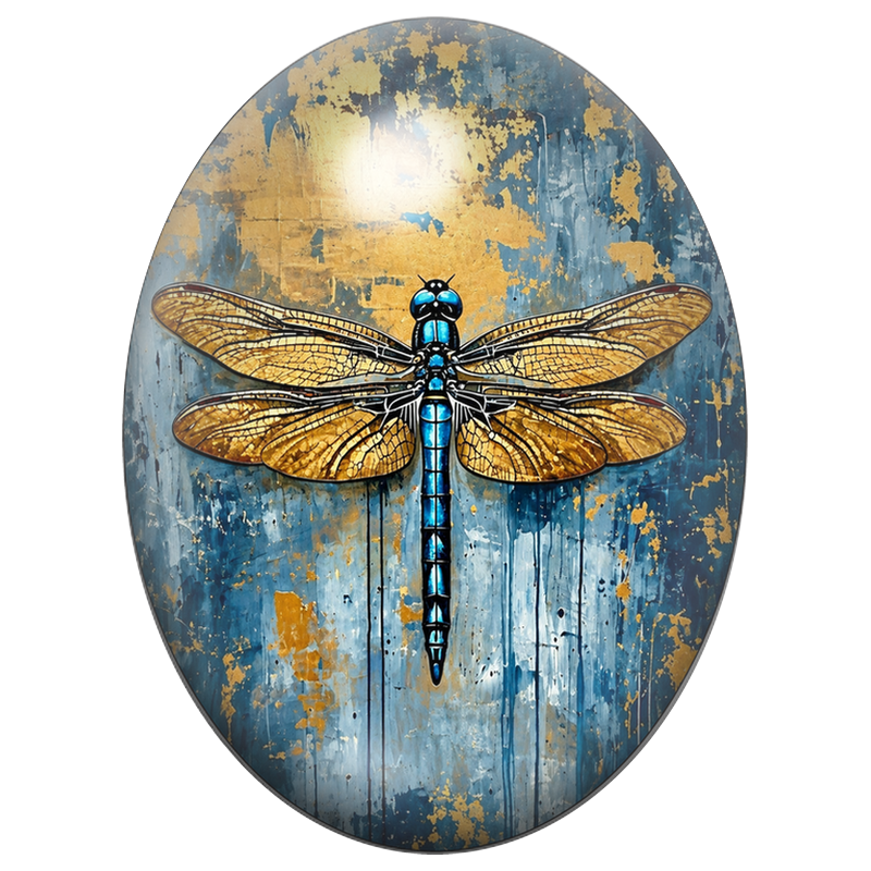 Cabochon en Verre Illustré Libellule Bleue et Or sur Fond Abstrait 13x18, 18x25 ou 30x40mm