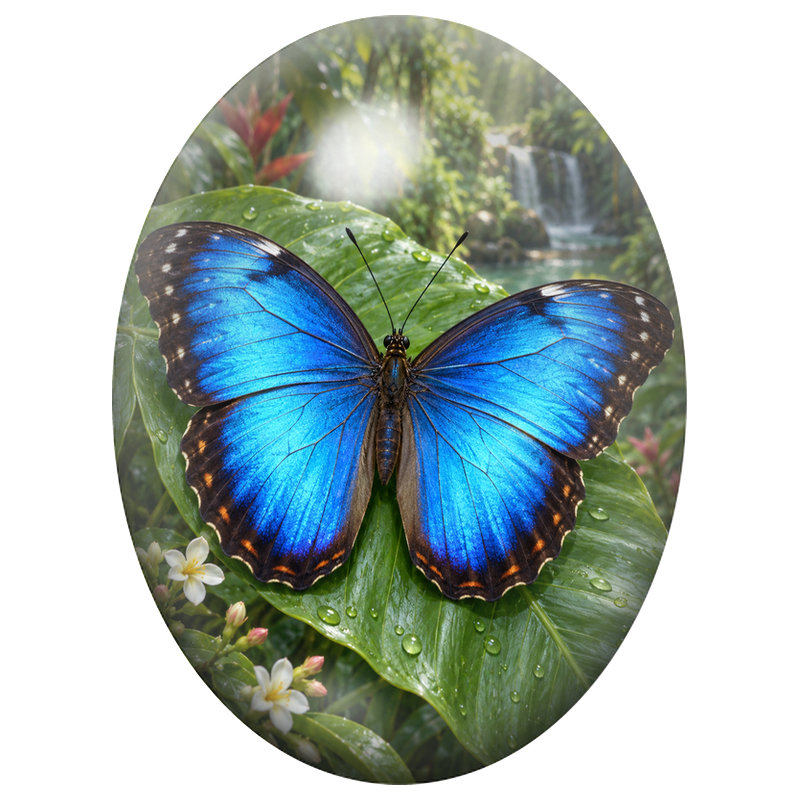 Cabochon en Verre Illustré Papillon Morpho Bleu dans la Jungle 13x18, 18x25 ou 30x40mm