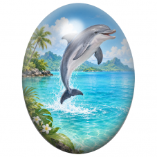 Cabochon en Verre Illustré Dauphin Bondissant dans un Lagon Tropical 13x18, 18x25 ou 30x40mm pour la Création de Bijoux Fantaisi