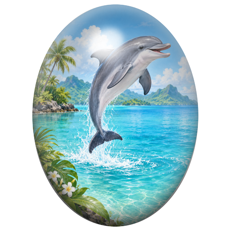 Cabochon en Verre Illustré Dauphin Bondissant dans un Lagon Tropical 13x18, 18x25 ou 30x40mm